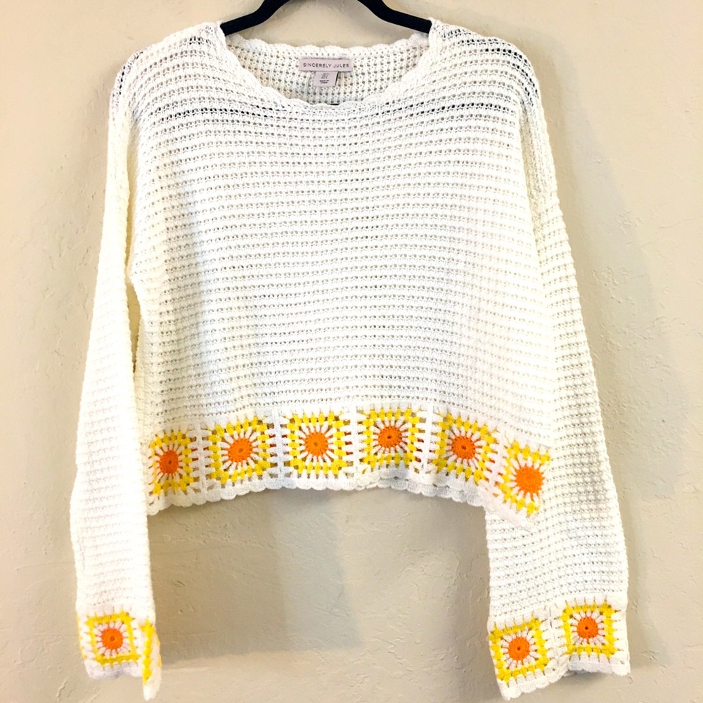 Sincerly Jules Long Sleeve Crochet Knit Sweater Large Sunflowers